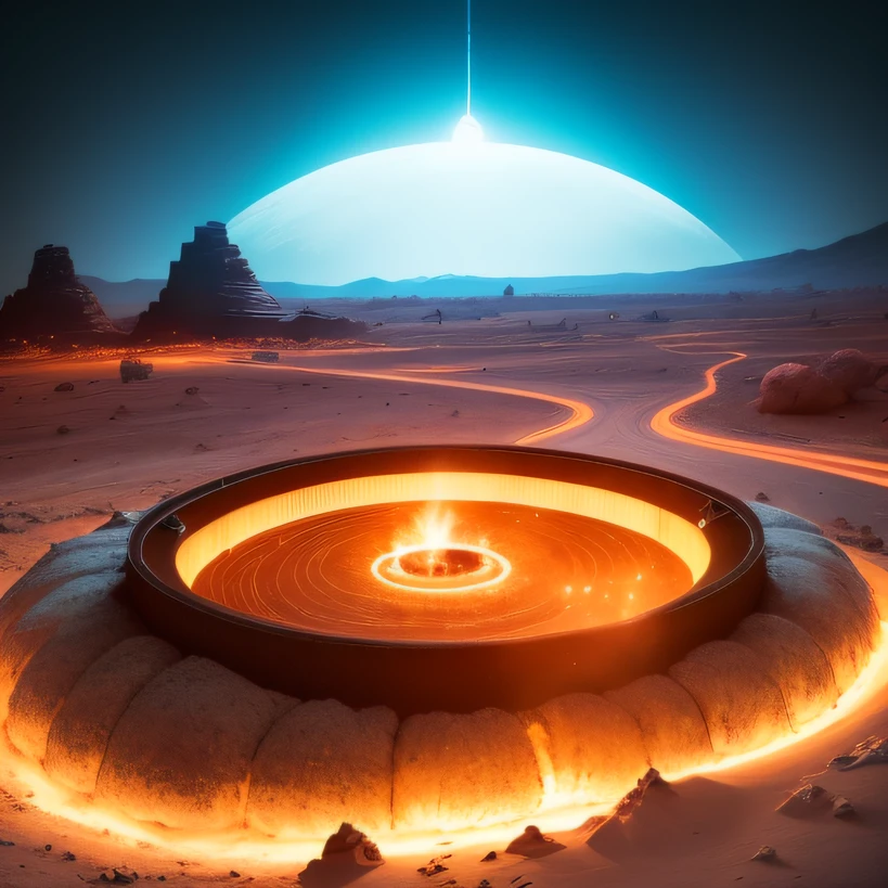 Alien base (Very detailed) In the mountainous desert,There are several exhaust fans and chimneys, Some spotlights come out of the base to illuminate dark places, (Extreme nights), Some clouds in the night sky, Some of the surrounding planets provide air to unknown planets,The farthest giant volcano is erupting