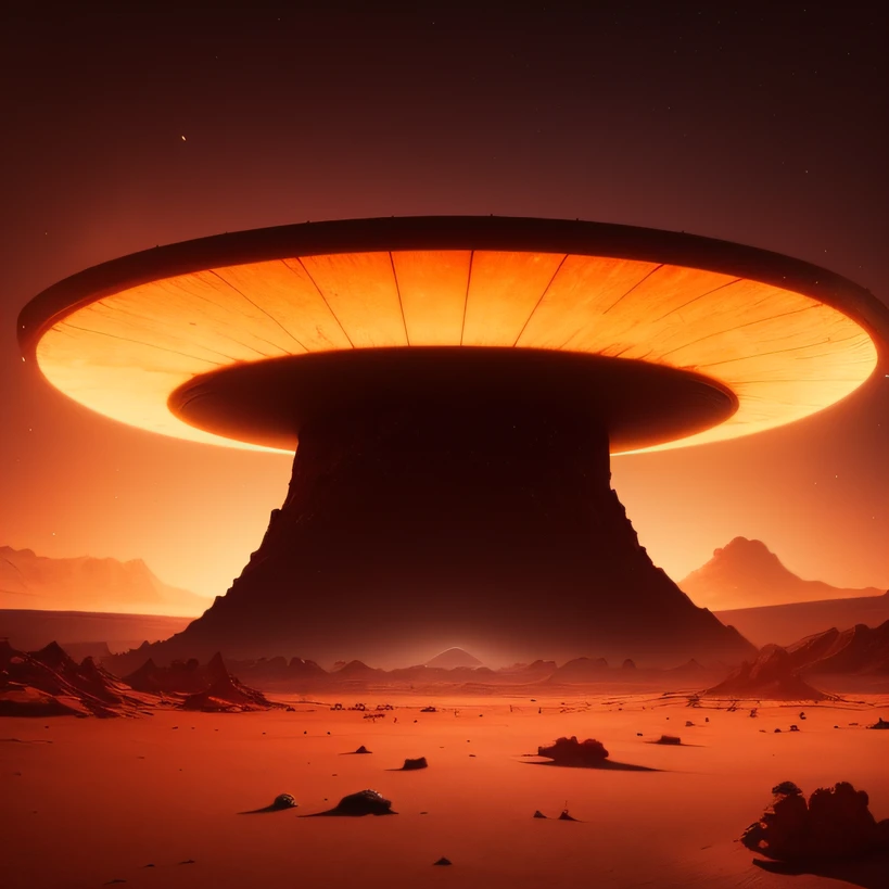 Alien base (Very detailed) In the mountainous desert,There are several exhaust fans and chimneys, Some spotlights come out of the base to illuminate dark places, (Extreme nights), Some clouds in the night sky, Some of the surrounding planets provide air to unknown planets,The farthest giant volcano is erupting