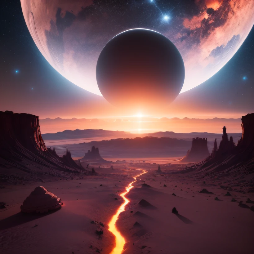 Alien base (Very detailed) In the mountainous desert,There are several exhaust fans and chimneys, Some spotlights come out of the base to illuminate dark places, (Extreme nights), Some clouds in the night sky, Some of the surrounding planets provide air to unknown planets,The farthest giant volcano is erupting