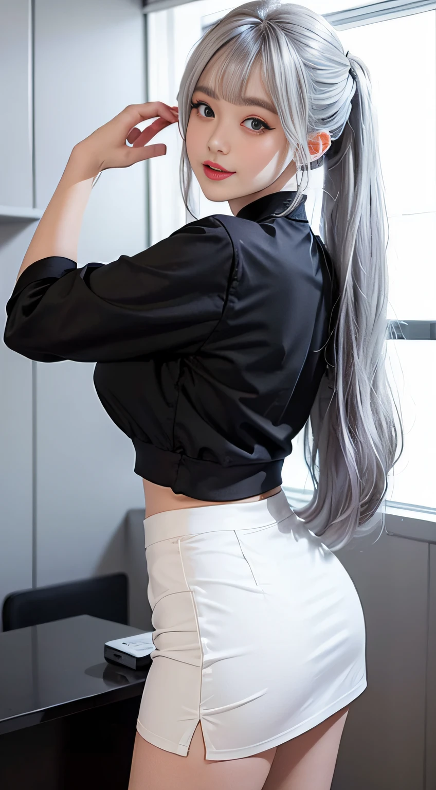 (Girl Standing In Office Changing Room)、((posterior view)), Silver hair, Bangs, Blunt bangs, Long straight hair, (side poneyTail)aqua eyes, longeyelashes, Solid Circle Eyes, makeup, Open mouth, blush, Parted lips, Bright pupils, smiley, Seductive smile, glint, surrealism, Modern,Career Woman、)Lou(white shirt、off shoulders)、Black tight skirt、Black pantyhose、high-heels、(White loose crop top, Black tight skirt: 1.6)