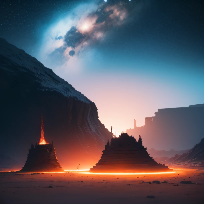 Alien base (Very detailed) In the mountainous desert,There are several exhaust fans and chimneys, Some spotlights come out of the base to illuminate dark places, (Extreme nights), Some clouds in the night sky, Some of the surrounding planets provide air to unknown planets,The farthest giant volcano is erupting