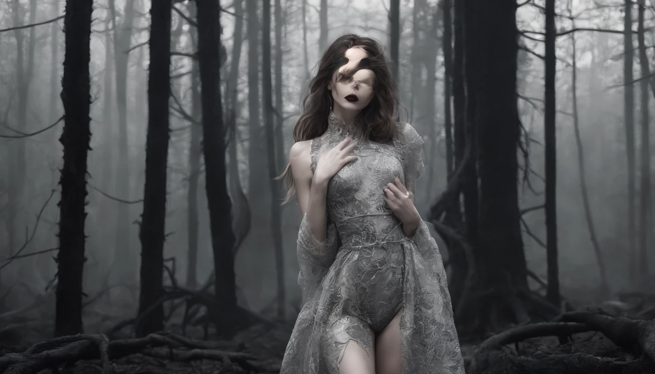 beautiful woman, fashion model, wearing provocative, sexy, beautiful, detailed fashion design clothes, looking at the sky with her hands and feet apart, inside a dark forest, with burned trees all over hair, and volumetric light coming from behind, perfect face and body, gloomy scary atmosphere, fog in the ground, dark style, hyper-realistic, 8K, black and white image with only colored red lips, full body, far view,