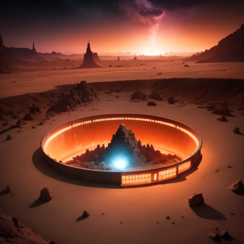 Alien base (Very detailed) In the mountainous desert，There are several exhaust fans and chimneys, Some spotlights come out of the base to illuminate dark places, (Extreme nights), Some clouds in the night sky, Some of the surrounding planets provide air to unknown planets，The farthest giant volcano is erupting