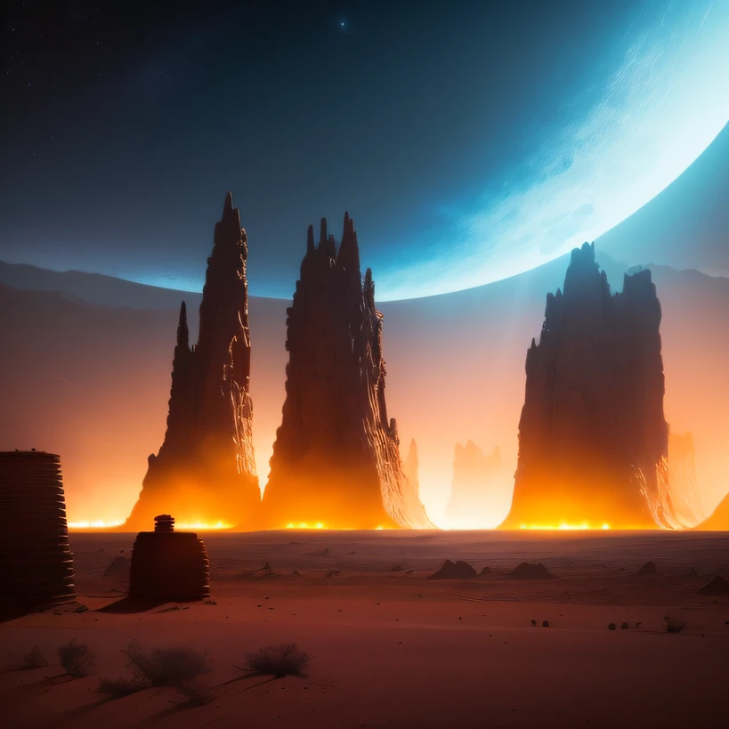 Alien base (Very detailed) In the mountainous desert，There are several exhaust fans and chimneys, Some spotlights come out of the base to illuminate dark places, (Extreme nights), Some clouds in the night sky, Some of the surrounding planets provide air to unknown planets，The farthest giant volcano is erupting