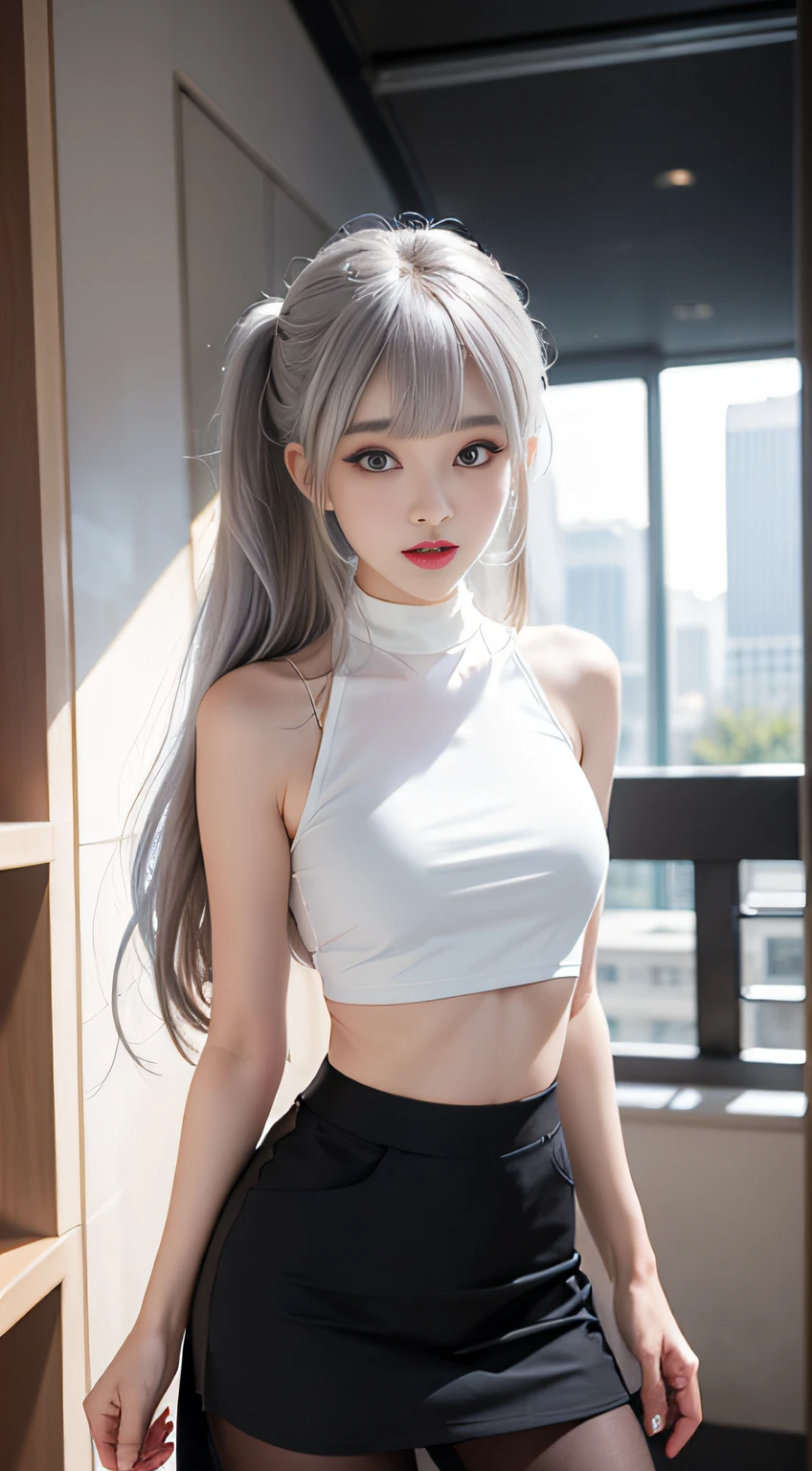 （Girl Standing In Office District）、（（posterior view））, Silver hair, Bangs, Blunt bangs, Long straight hair, （side poneyTail）aqua eyes, longeyelashes, Solid Circle Eyes, makeup, Open mouth, blush, Parted lips, Bright pupils, smiley, Seductive smile, glint, surrealism, Modern,Career Woman、Black tight skirt、Black pantyhose、high-heels、(White loose crop top, Black tight skirt: 1.6)、Skyscrapers in the back
