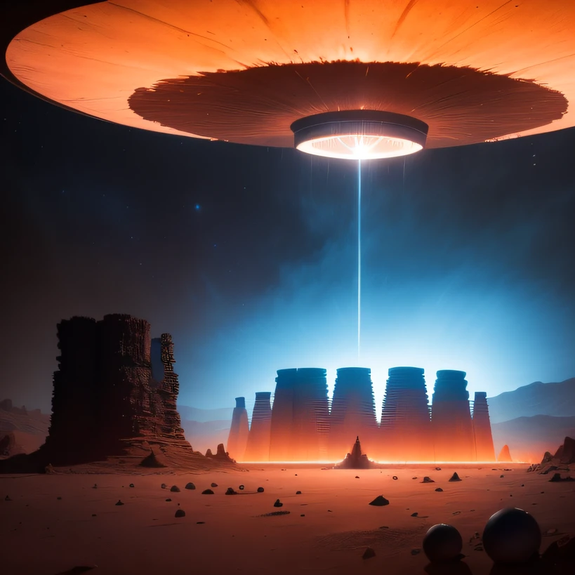 Alien base (Very detailed) In the mountainous desert,There are several exhaust fans and chimneys, Some spotlights come out of the base to illuminate dark places, (Extreme nights), Some clouds in the night sky, Some of the surrounding planets provide air to unknown planets,The farthest giant volcano is erupting