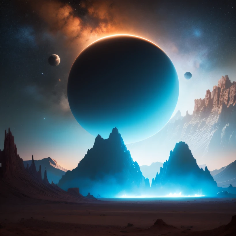 Alien base (Very detailed) In the mountainous desert，There are several exhaust fans and chimneys, Some spotlights come out of the base to illuminate dark places, (Extreme nights), Some clouds in the night sky, Some of the surrounding planets provide air to unknown planets，The farthest giant volcano is erupting