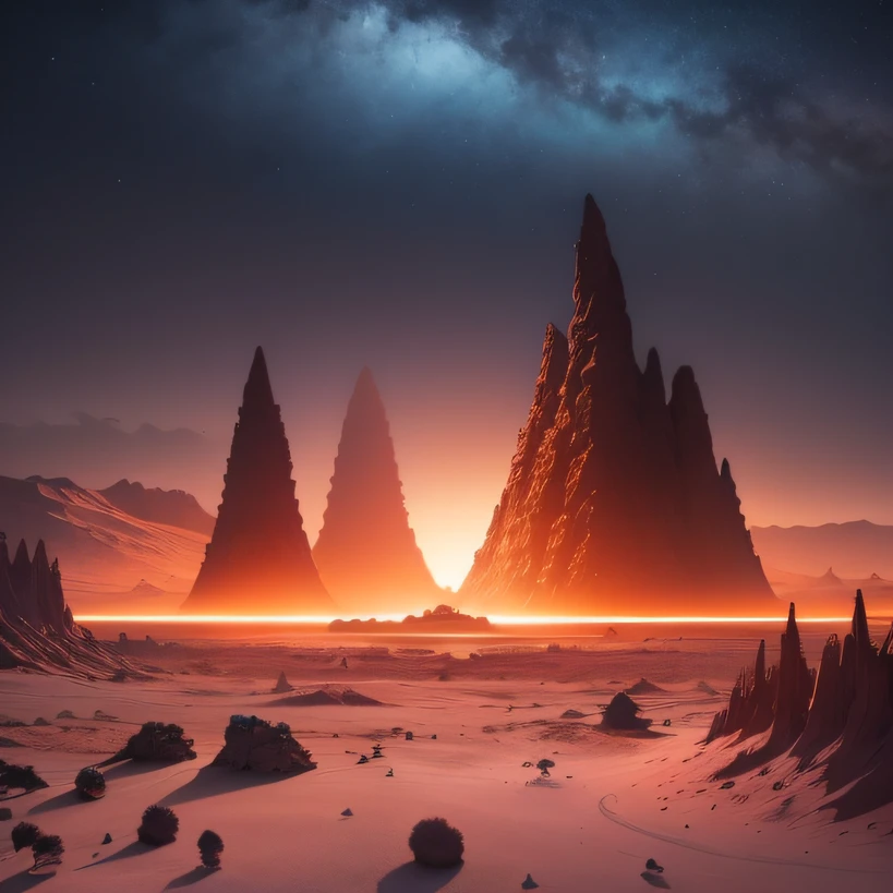 Alien base (Very detailed) In the mountainous desert,There are several exhaust fans and chimneys, Some spotlights come out of the base to illuminate dark places, (Extreme nights), Some clouds in the night sky, Some of the surrounding planets provide air to unknown planets,The farthest giant volcano is erupting