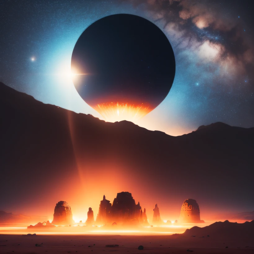 Alien base (Very detailed) In the mountainous desert，There are several exhaust fans and chimneys, Some spotlights come out of the base to illuminate dark places, (Extreme nights), Some clouds in the night sky, Some of the surrounding planets provide air to unknown planets，The farthest giant volcano is erupting