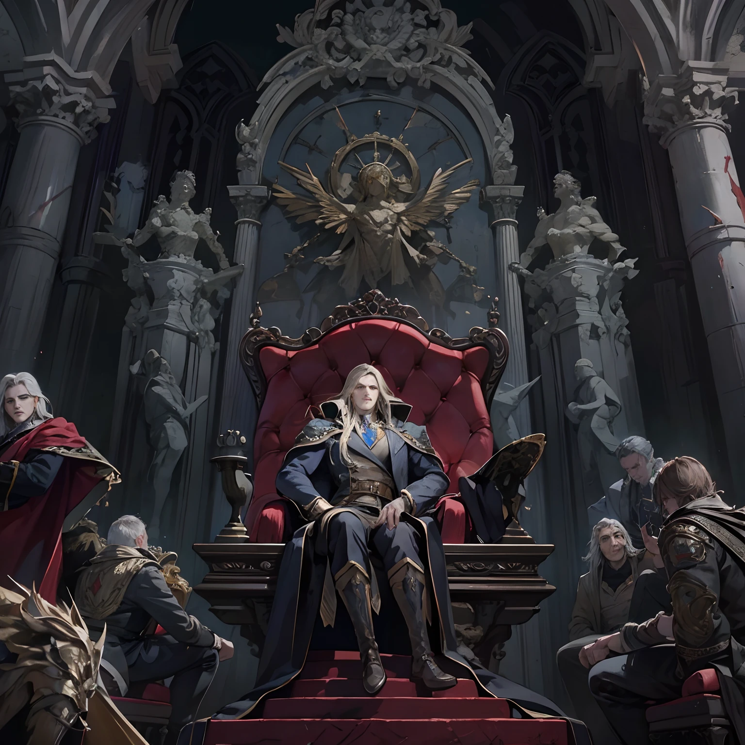 Castlevania Shadow Lord hyper realistic super detailed Dynamic shot masterpiece cinematic scene sitting in his big legendary throne with his men surrounding him hyper realistic super detailed cinematic scenes movie Epic Legendary different angle of view Closer zoom shot master piece