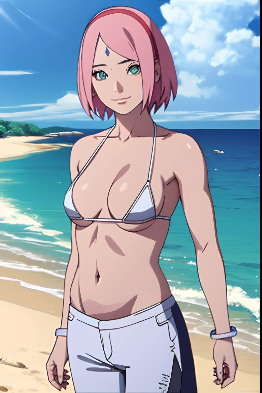 masterpiece, 4k, portrait, cowboy shot, night, professional artwork, detailed beach background, intricate details, colorful, digital blending, (ultra detailed body, ultra detail hair, ultra detail face), trending on pixiv, kind smile, best quality, anime style: 1.9, 1girl, hires, haruno sakura, (forehead mark, milf, red hairband, pale skin, small breasts, short hair, ((bare neck, white(micro) bikini top, (bikini top only)), white pants), (navel, belly button, slender body, slender belly, bracelet, pink hair, closed mouth, big eyes), smile, beach, wind, floating hair, detailed arms, off-shoulders, broad shoulders, (slightly muscular arms, slightly strong biceps), (dirty armpits, armpit pocket), standing)