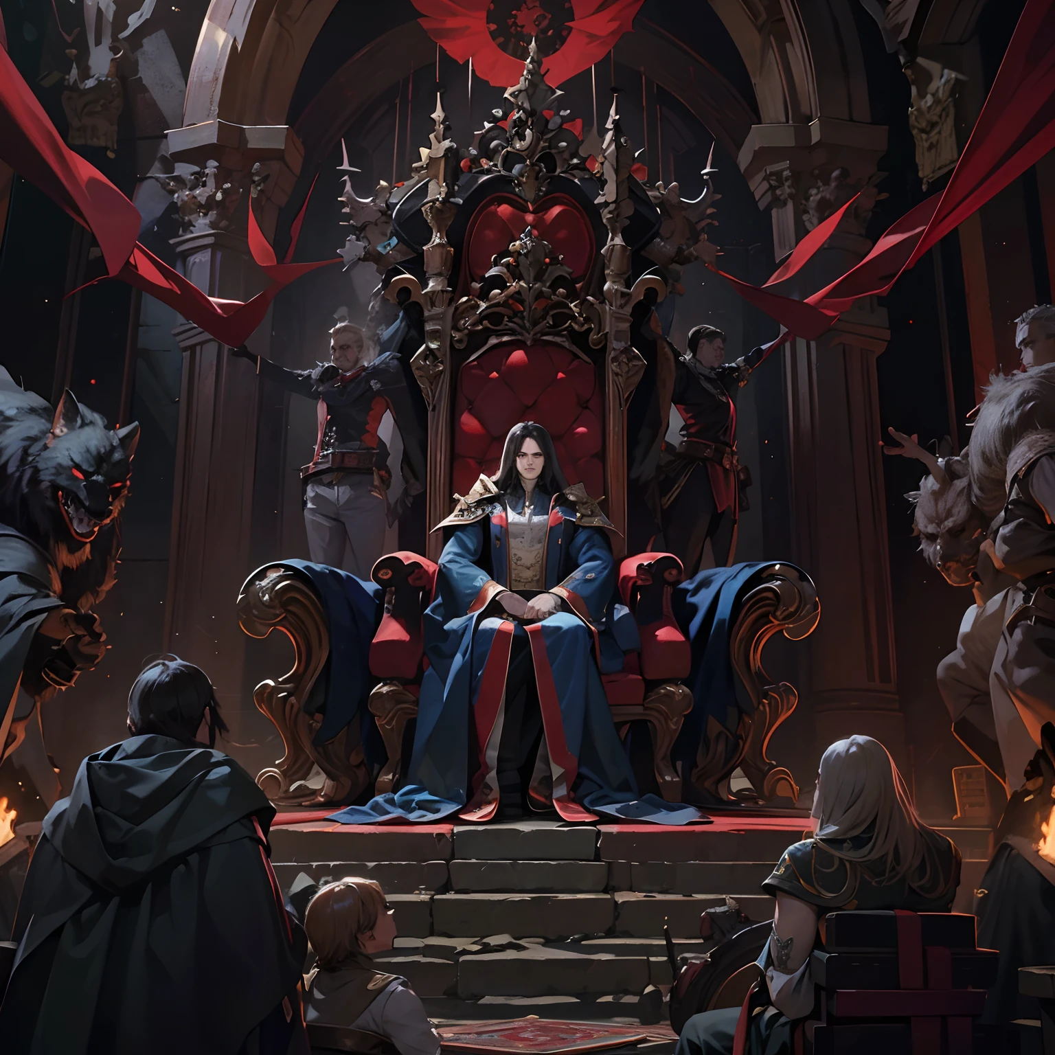 Castlevania Shadow Lord hyper realistic super detailed Dynamic shot masterpiece cinematic scene sitting in his big legendary throne with his men surrounding him hyper realistic super detailed cinematic scenes movie Epic Legendary different angle of view Closer zoom shot master piece