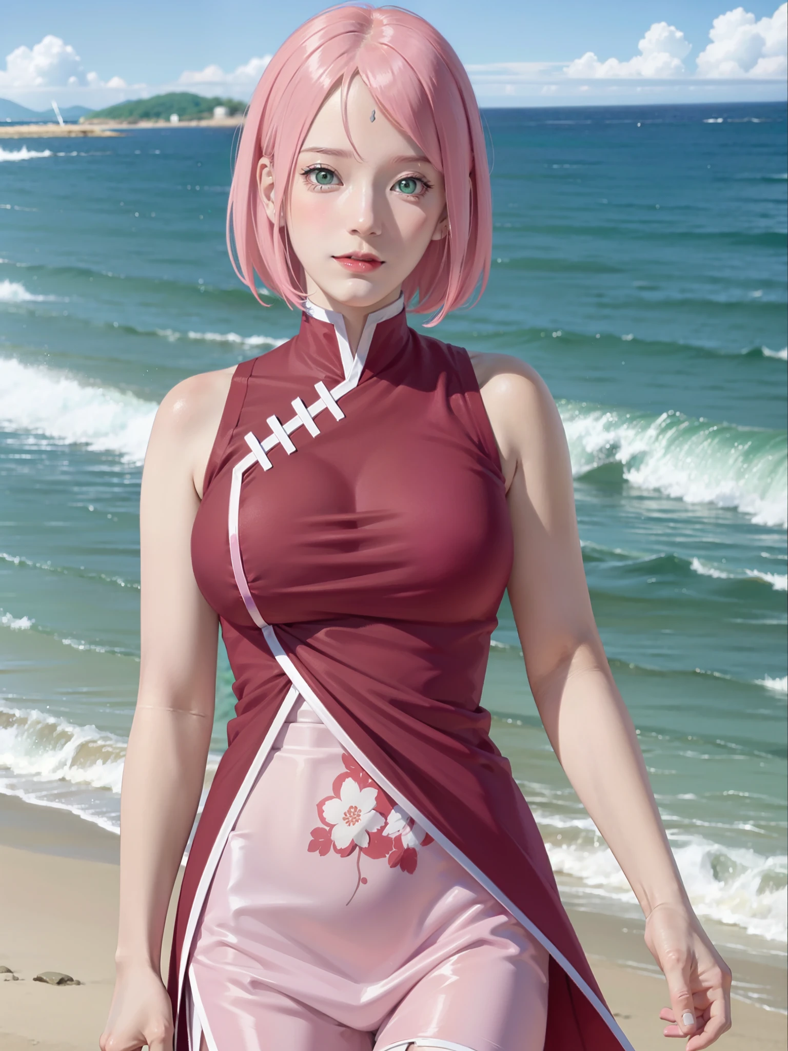 1girl, sakura in anime boruto, short hair, pink hair, green eyes, smile, beautiful, sexy dress, sexy clothes, red clothes, very big breast, realistic clothes, detail clothes, outdoor background, ultra detail, realistic