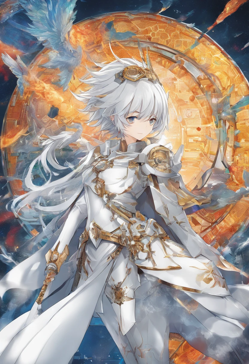 Anime boy mechanical healer, heroine, cleric, acolyte, gear, sci-fi, holy, white costume, weapon magic hammer, ultra high resolution 8k, ultra high definition 8k, stabilizer diffusion, 2.5 D, character design, male, gadget, spear, rod, modern cloak, serious face,