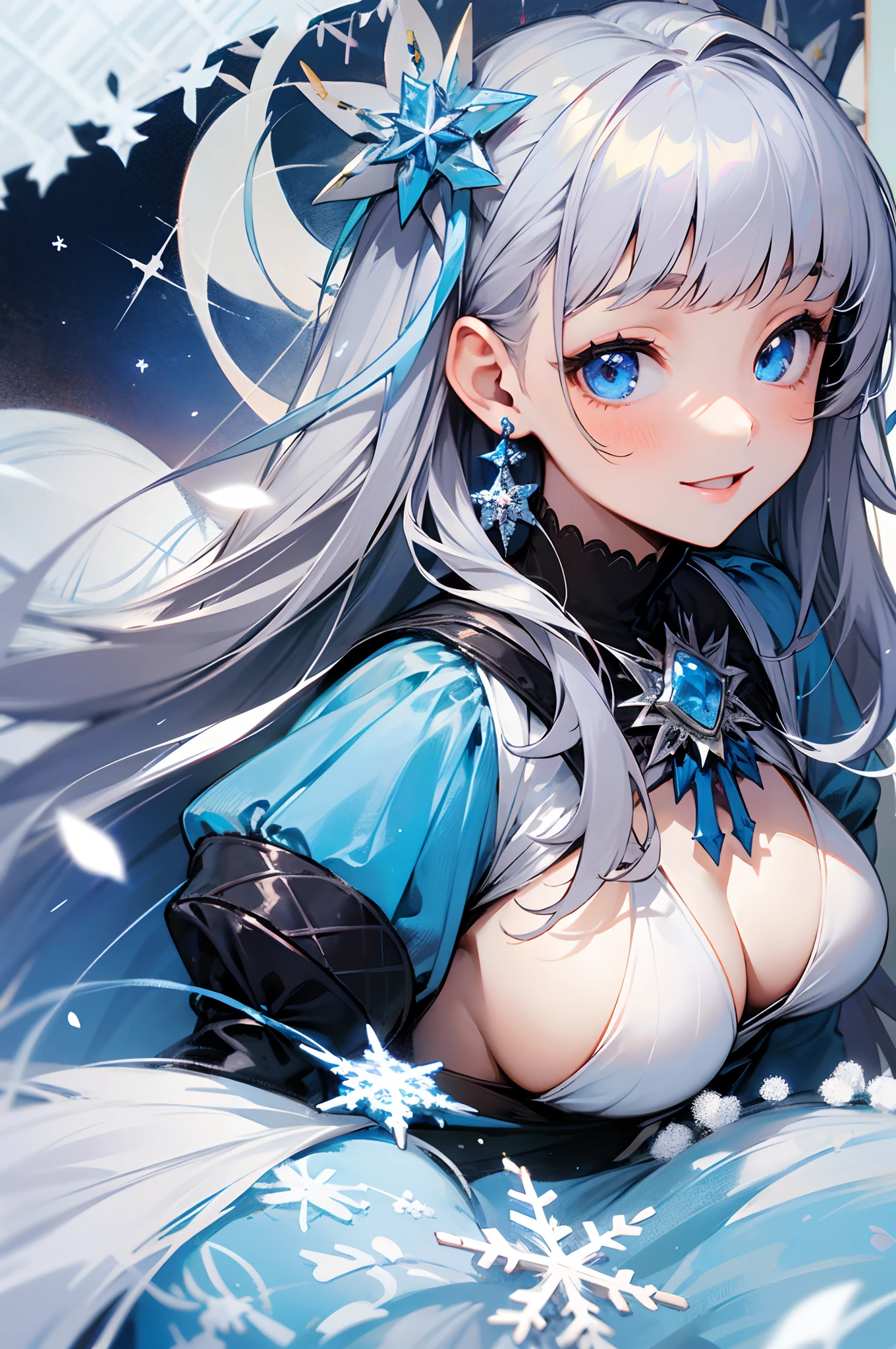 1girl in、White Cal、a 18 year old girl、large full breasts、long hair with gray hair、Blue eyes、Blunt bangs、Brooch with small white flowers、Small snowflake earrings、Costumes in white and blue tones、Cheerful smile、facial close-up