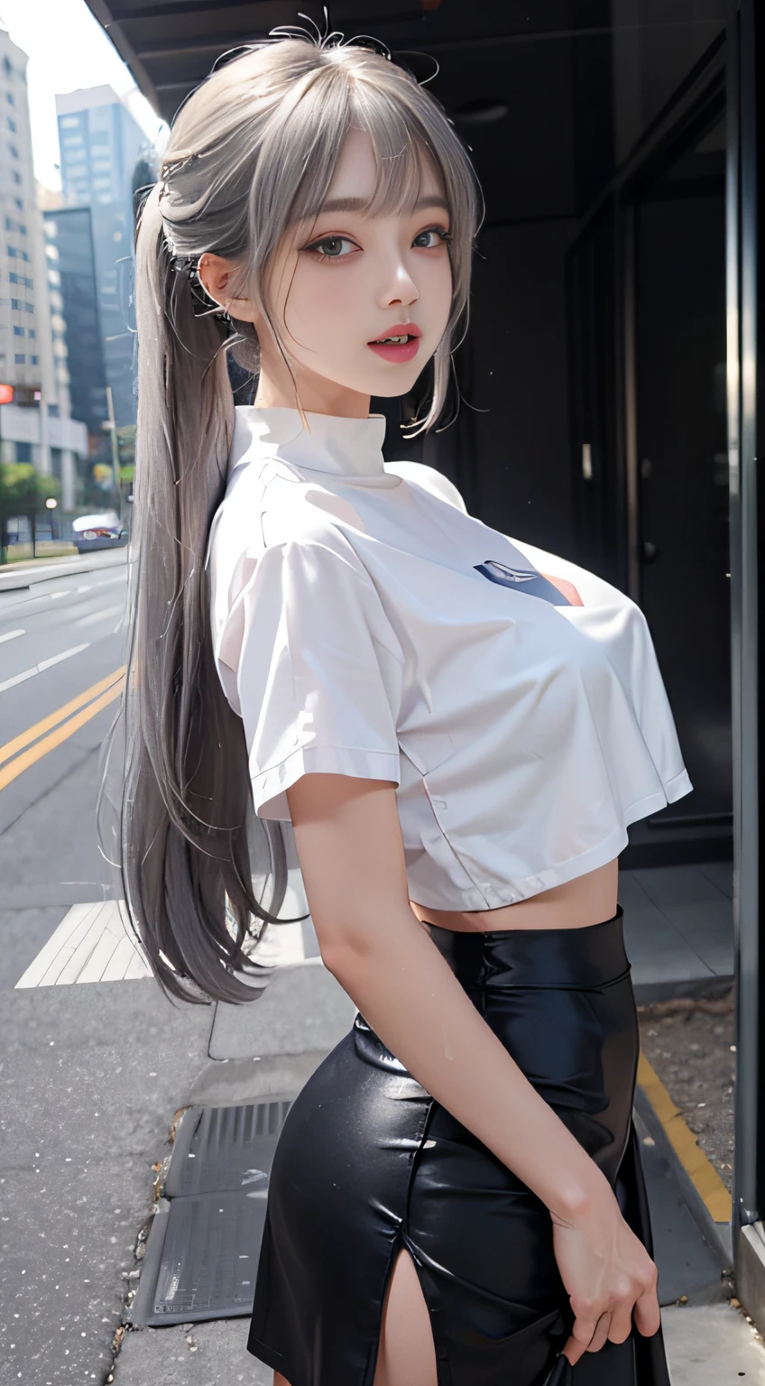 （Girl Standing In Office District）、（（posterior view））, Silver hair, Bangs, Blunt bangs, Long straight hair, （side poneyTail）aqua eyes, longeyelashes, Solid Circle Eyes, makeup, Open mouth, blush, Parted lips, Bright pupils, smiley, Seductive smile, glint, surrealism, Modern,Career Woman、Black pantyhose、high-heels、(White loose crop top, Black tight skirt: 1.6)、Behind her is a street of skyscrapers、red blush)、(illuminating)、(独奏)、dynamicposes、((erectile nipple))、(Puffy eyes:1.２)、 (Slim legs)、erotick、nffsw、Highly detailed ambient occlusion、超A high resolution, A hyper-realistic, Highly detailed, (yawning), ((she is soaking wet)).（evening shower）