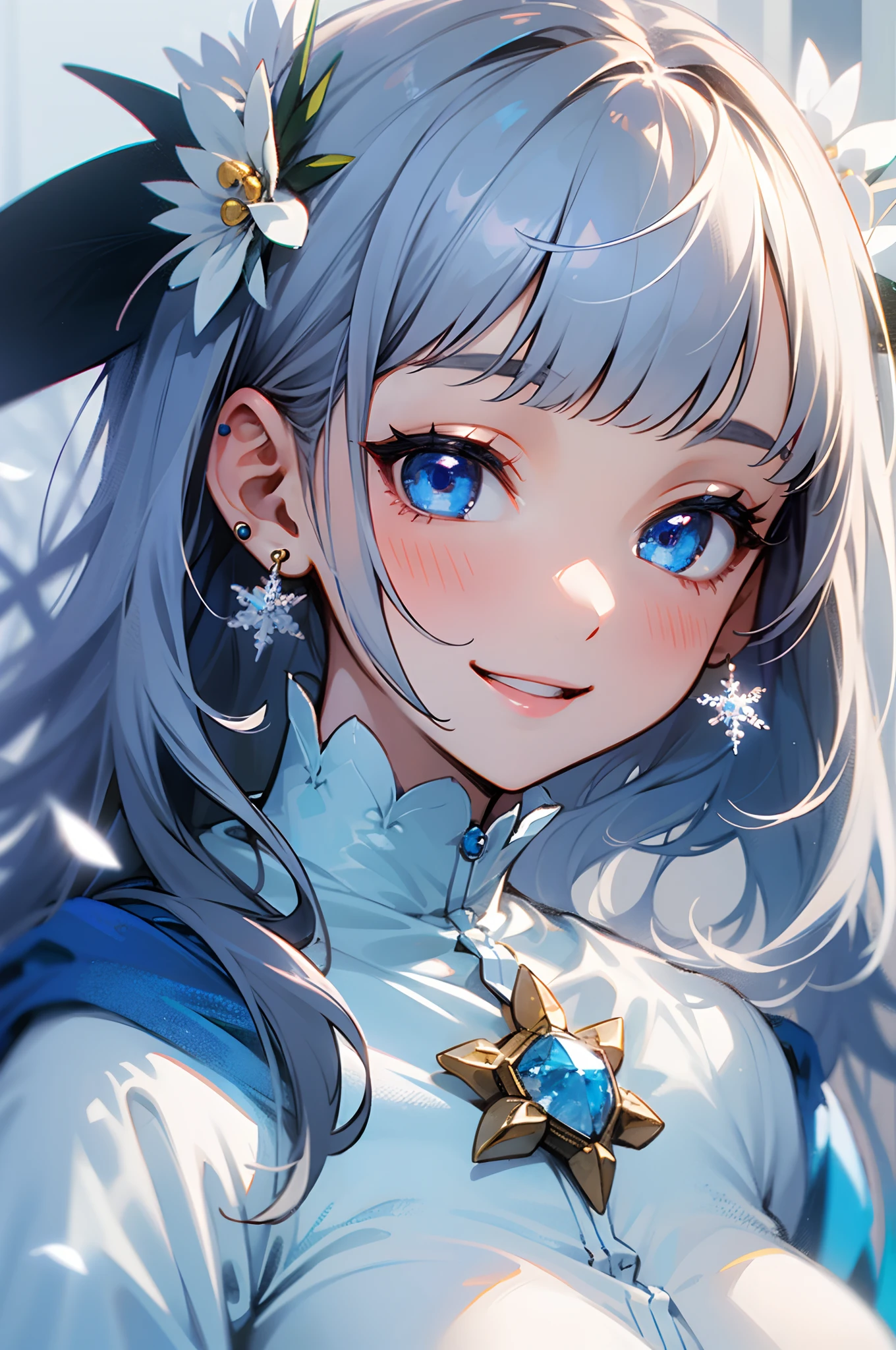 1girl in、White Cal、a 18 year old girl、large full breasts、long hair with gray hair、Blue eyes、Blunt bangs、Brooch with small white flowers、Small snowflake earrings、Costumes in white and blue tones、Cheerful smile、facial close-up