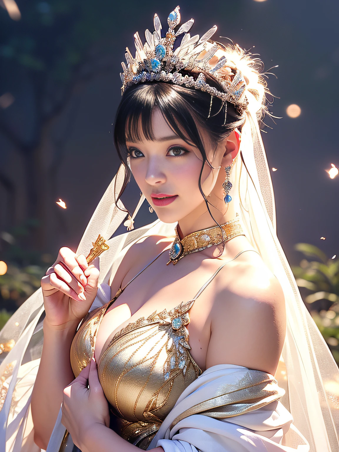 (masutepiece), Professional , masterpiece、top-quality、photos realistic , depth of fields (Gemstone Silver Metal Body:1.9),(Matte White、Particles of light、Jewel Gold Weapon、(Gorgeous castle background)、(White Micro Bikini)(Jewel Metal Body:1.4),Gorgeous Jewel Metal Weapons , Detailed Sword of the Brave ,( Soldier background in metal armor) ,warhammer 40k , adepta sororitas,Detail and ornate jewel crown、独奏、Black hair、(Gangle's forest background)、Beautiful Caucasian beauty、1a person、dynamic ungle,(((Diamond tiara with detail and luxury)))、a small face、A smile、Powerful poses、(Gorgeous castle background)、huge-breasted、20 year old beautiful woman、Stand in the center of the screen、Thin female fingers、Smaller head、Glamorous body、