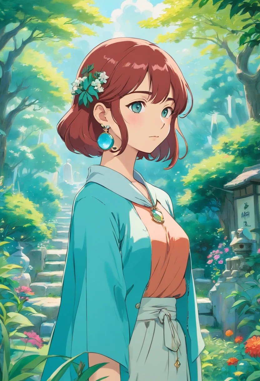 Girl in an anime collar, Long necklaces and earrings, In the style of a tranquil garden landscape, colorful animation stills, Masami Teraoka, aquamarine, paul gauguin, Embry style, Honest portrayal