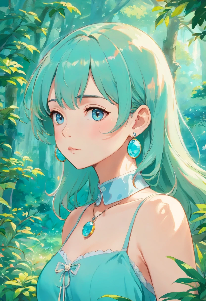 Girl in an anime collar, Long necklaces and earrings, In the style of a tranquil garden landscape, colorful animation stills, Masami Teraoka, aquamarine, paul gauguin, Embry style, Honest portrayal