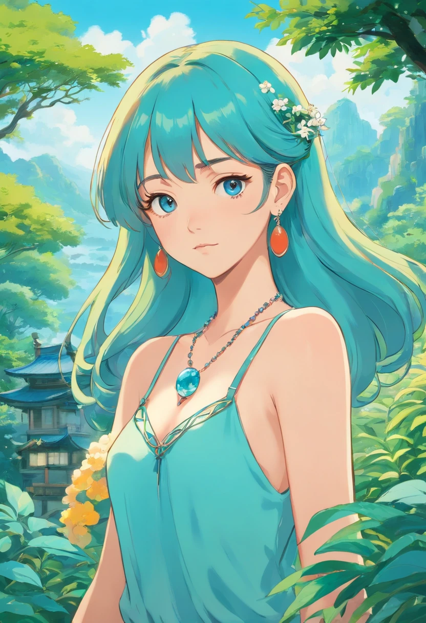 Anime Girls, long necklace and earrings, Inspired by a tranquil garden, Large Breasts,colorful animated still images, masami teraoka, Aquamarine, Paul Gauguin, embry style, honest depiction,save