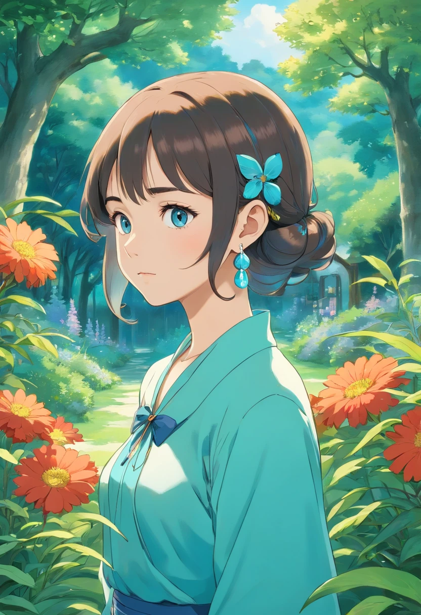 Girl in an anime collar, Long necklaces and earrings, In the style of a tranquil garden landscape, colorful animation stills, Masami Teraoka, aquamarine, paul gauguin, Embry style, Honest portrayal