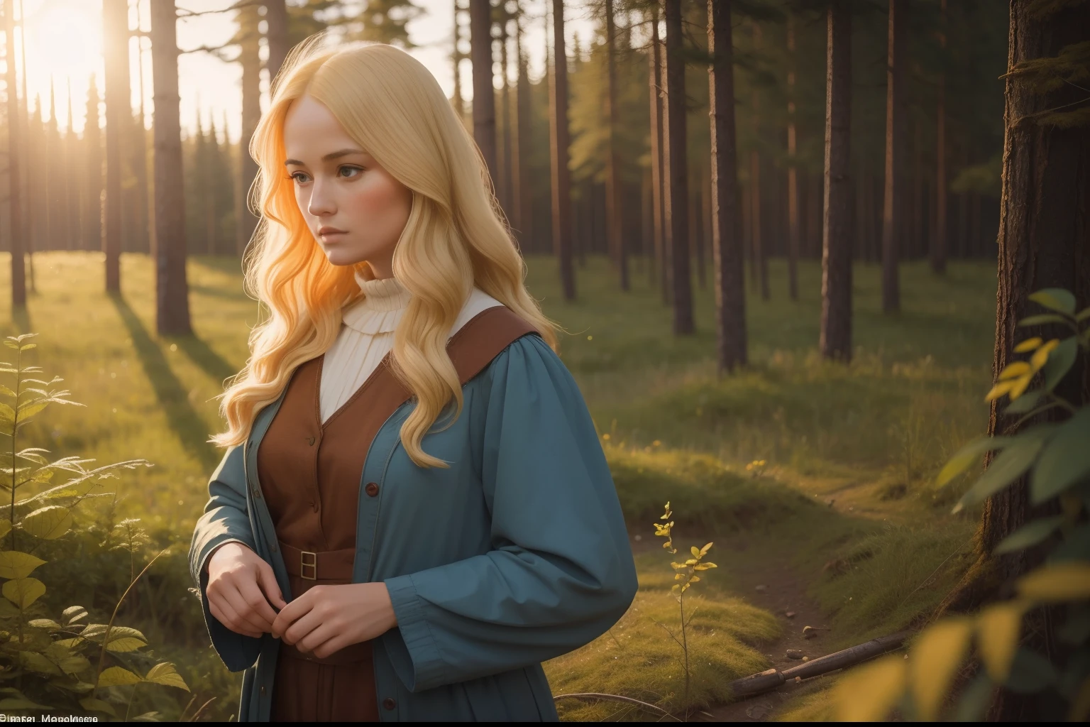 Year: 1974
Location: Kaneq, Alaska
Description:
Request a Pre-Raphaelite portrayal of a 35-year-old woman with shoulder-length blonde hair and a serene expression, dressed in modern pioneer attire, as she learns the art of survival in the sunlit Alaskan wilderness, her strength and resilience shining through. Modern 1970s clothes.