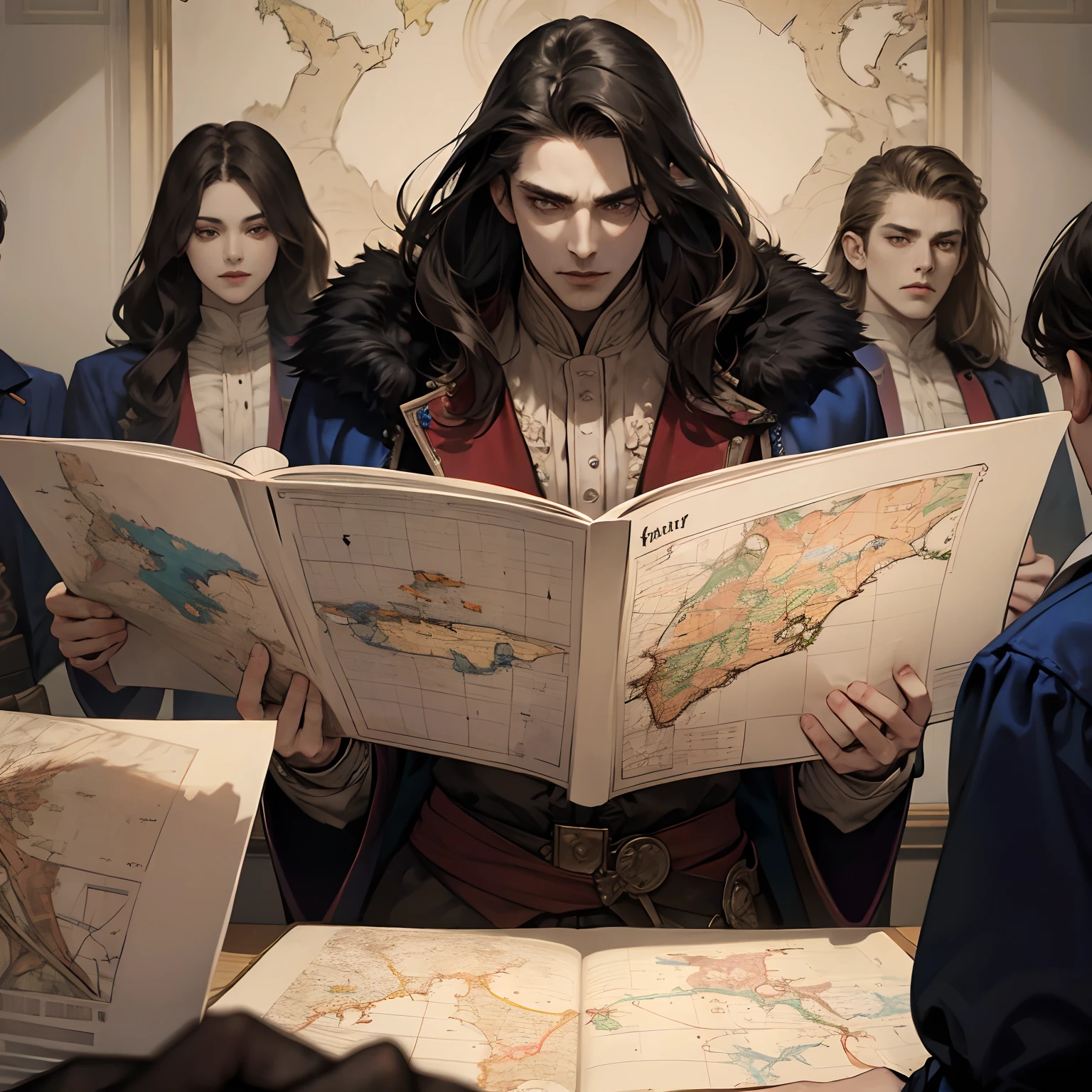 Castlevania Lord of the shadows hyper realistic super detailed Lord Dracula with his soldiers looking in Map of conquest discussing hyper realistic super detailed Dynamic shot master piece