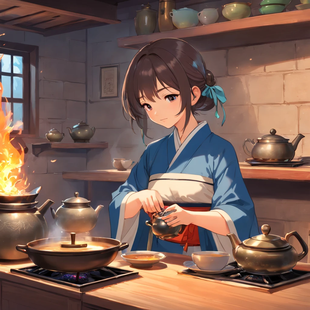 Anime girl in hanfu standing next to a teapot, Boiling the teapot over charcoal on the stove, Side Body，Stove，charcoal fire，teapot，Please wear black cloth shoes，Authors：by Qu Leilei, Authors：Chen Da-fu, Authors：Xia Gui, Authors：Elephant Yigi, by Yang J, Authors：Qiu Ying, Authors：Chen Jiasui, Authors：Shaggy, Authors：Hsia Yong, Authors：Yao Tingmei, Drinking tea, by Li Song