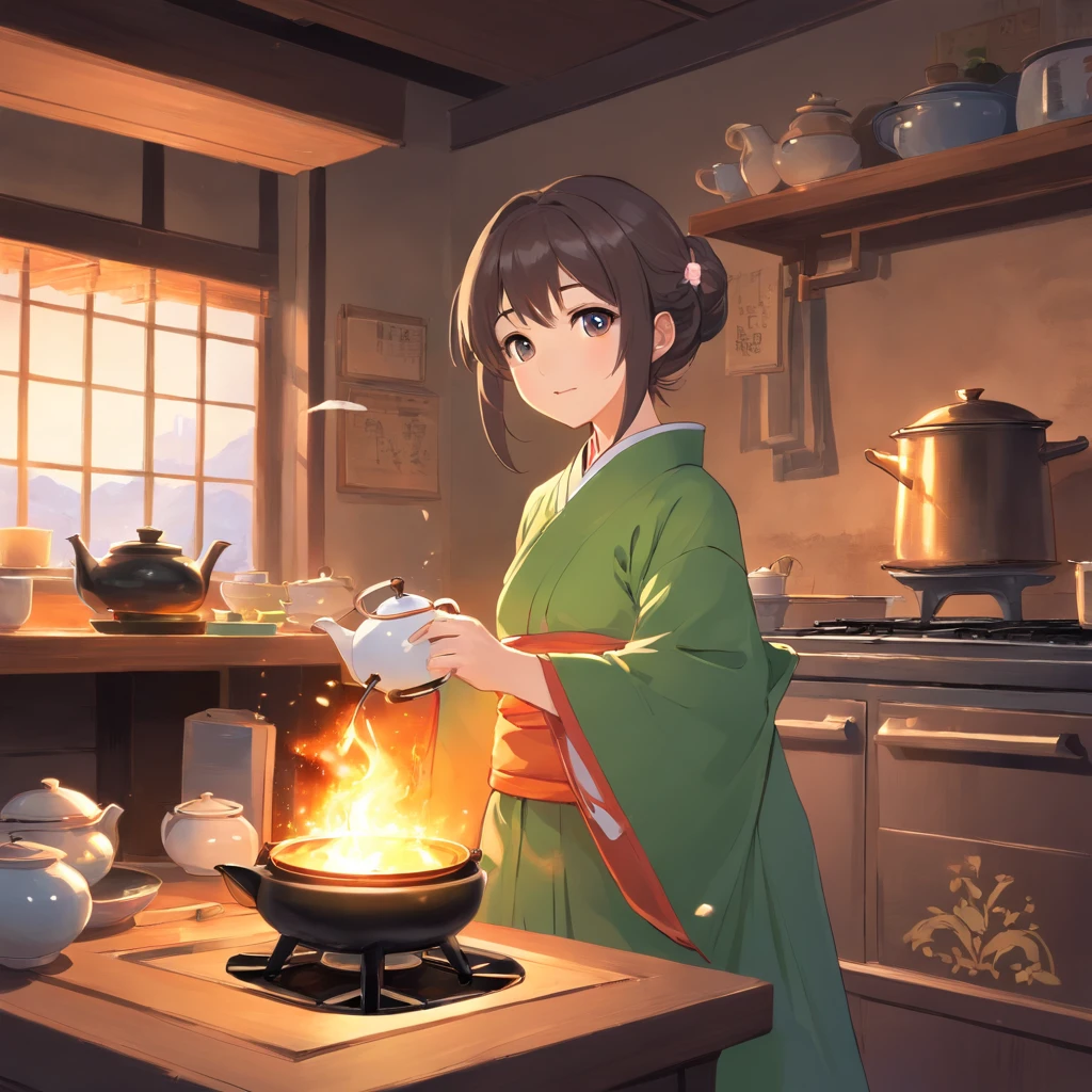 Anime girl in hanfu standing next to a teapot, Boiling the teapot over charcoal on the stove, Side Body，Stove，charcoal fire，teapot，Please wear black cloth shoes，Authors：by Qu Leilei, Authors：Chen Da-fu, Authors：Xia Gui, Authors：Elephant Yigi, by Yang J, Authors：Qiu Ying, Authors：Chen Jiasui, Authors：Shaggy, Authors：Hsia Yong, Authors：Yao Tingmei, Drinking tea, by Li Song