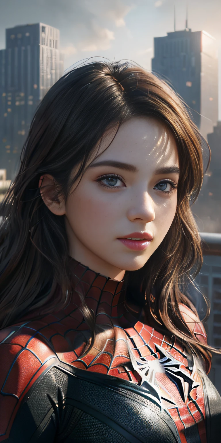 (1girl:1.3), Solo, (((Very detailed face)))), ((Very detailed eyes and face)))), Beautiful detail eyes, Body parts__, Official art, Unified 8k wallpaper, Super detailed, beautiful and beautiful, beautiful, masterpiece, best quality, original, masterpiece, super fine photo, best quality, super high resolution, realistic realism, sunlight, full body portrait, amazing beauty, dynamic pose, delicate face, vibrant eyes, (from the front), She wears Spider-Man suit, red and black color scheme, spider, very detailed city roof background, rooftop, overlooking the city, detailed face, detailed complex busy background, messy, gorgeous, milky white, highly detailed skin, realistic skin details, visible pores, clear focus, volumetric fog, 8k uhd, DSLR, high quality, film grain, fair skin, photo realism, lomography, futuristic dystopian megalopolis, translucent