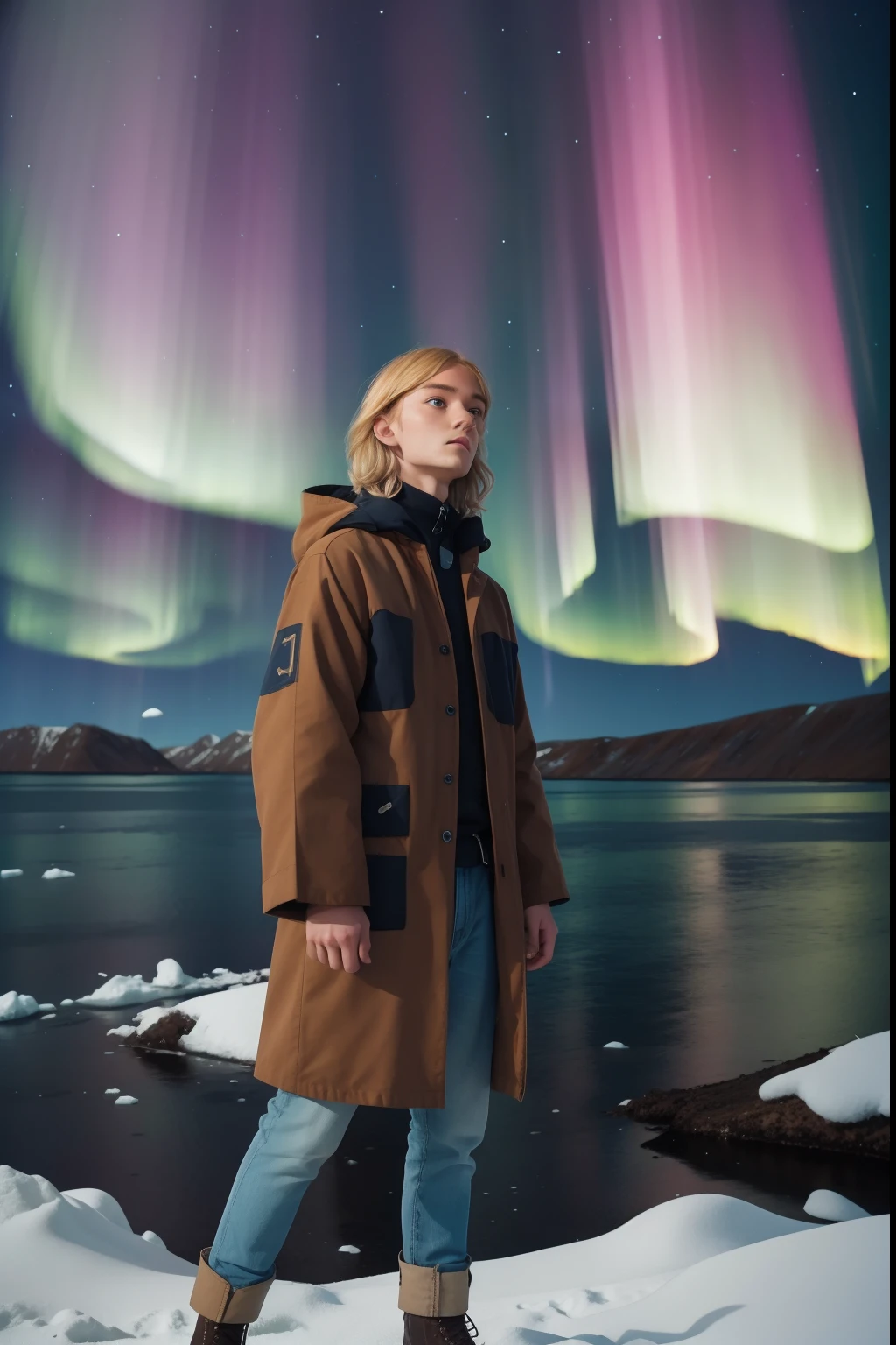 Year: 1974
Location: Kaneq, Alaska
Description:
Marry the Pre-Raphaelite fascination for natural beauty with a -yeld boith tousled blonde hair and soulful blue eyes, dressed in contemporary rugged Alaskan clothing, as he gazes in awe at the ethereal Northern Lights dancing across the sunlit Arctic sky. Modern 1970s clothing.