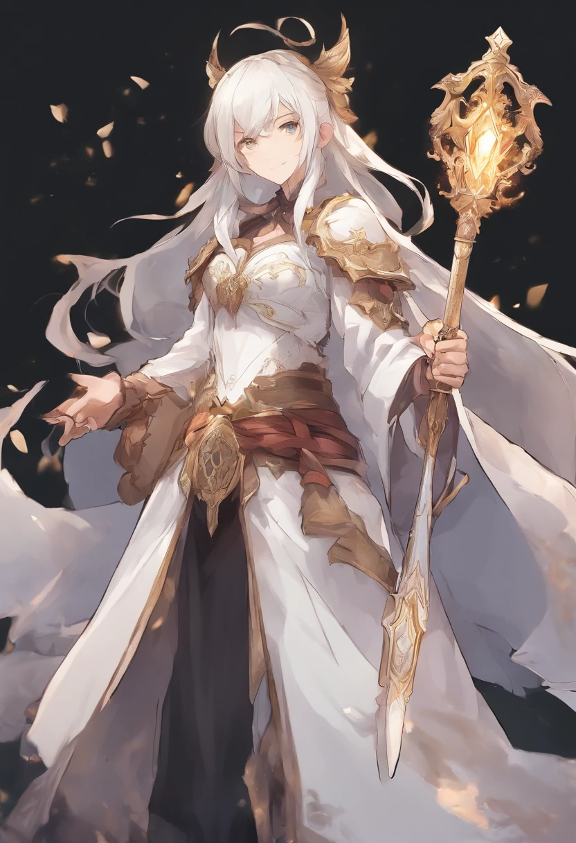 Anime boy mechanical healer, heroine, cleric, acolyte, gear, sci-fi, holy, white costume, weapon magic hammer, ultra high resolution 8k, ultra high definition 8k, stabilizer diffusion, 2.5 D, character design, male, gadget, spear, rod, modern cloak, serious face,