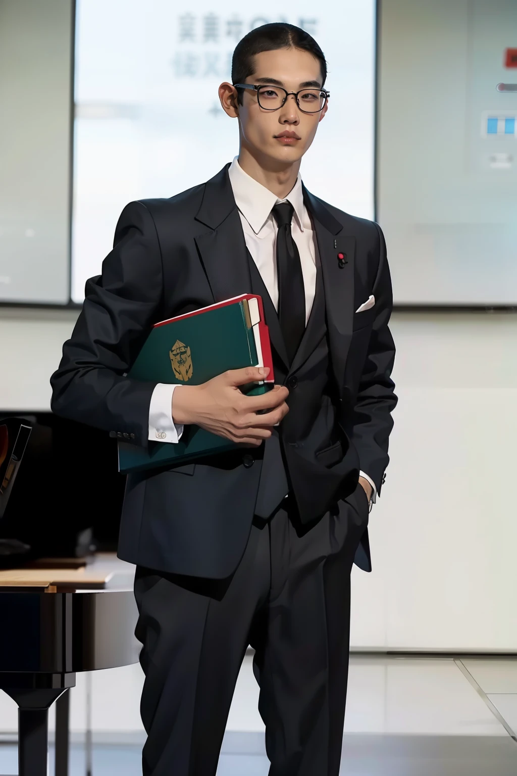 1boy, teacher, blazer and business suit, nerd, glasses, realistic, short hair, full body, wide angle, 8k, photography, japan teacher, full body, standing, work shoes vantofel
