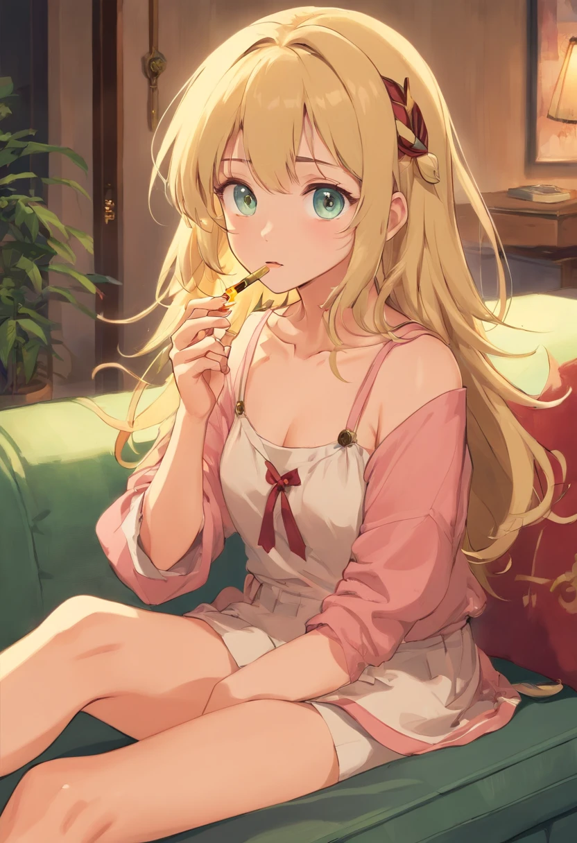 ​masterpiece, top-quality, girl with, 独奏, verd s eyes, ,smokeing,Pompa,bloodshot eyes,blonde  hair, length hair, hair wavy,The upper part of the body,Idol,holiday,How to hold a nail polish cigarette, sit on sofa、