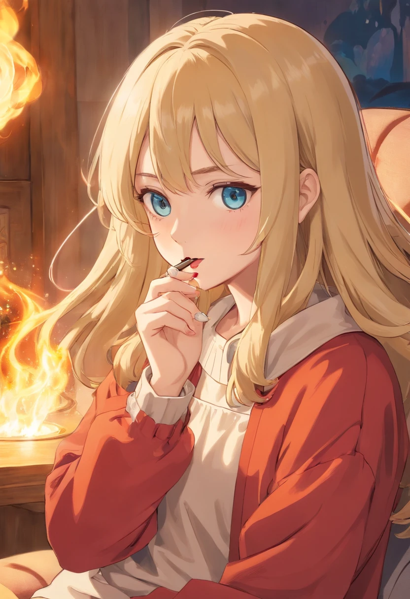 ​masterpiece, top-quality, girl with, 独奏, verd s eyes, ,smokeing,Pompa,bloodshot eyes,blonde  hair, length hair, hair wavy,The upper part of the body,Idol,holiday,How to hold a nail polish cigarette, sit on sofa、