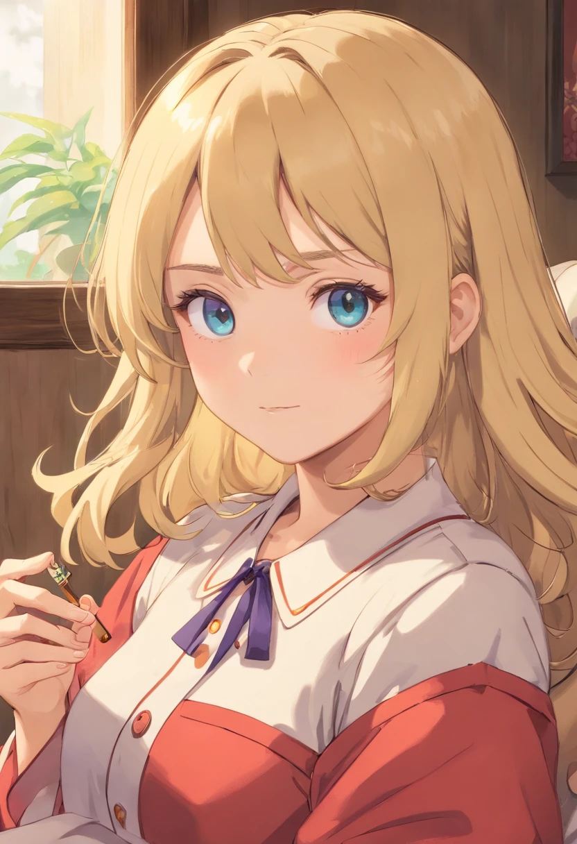 masterpiece, top-quality, girl with, 独奏, verd s eyes, ,smokeing,Pompa,bloodshot eyes,blonde hair, length hair, hair wavy,The upper part of the body,Idol,holiday,How to hold a nail polish cigarette, sit on sofa、