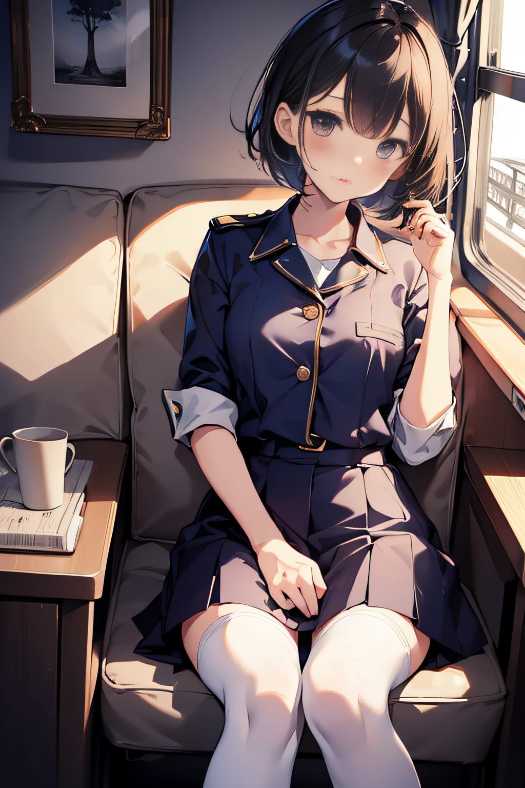 high-level image quality、top-quality、Detailed drawing、Does not blush cheeks、Slender adult beauty、cabin attendant、Navy CA Uniform、CA Head、Small eyes、knee high、Stockings、Medium chest、Short hair、Unbuttoned chest、cute little