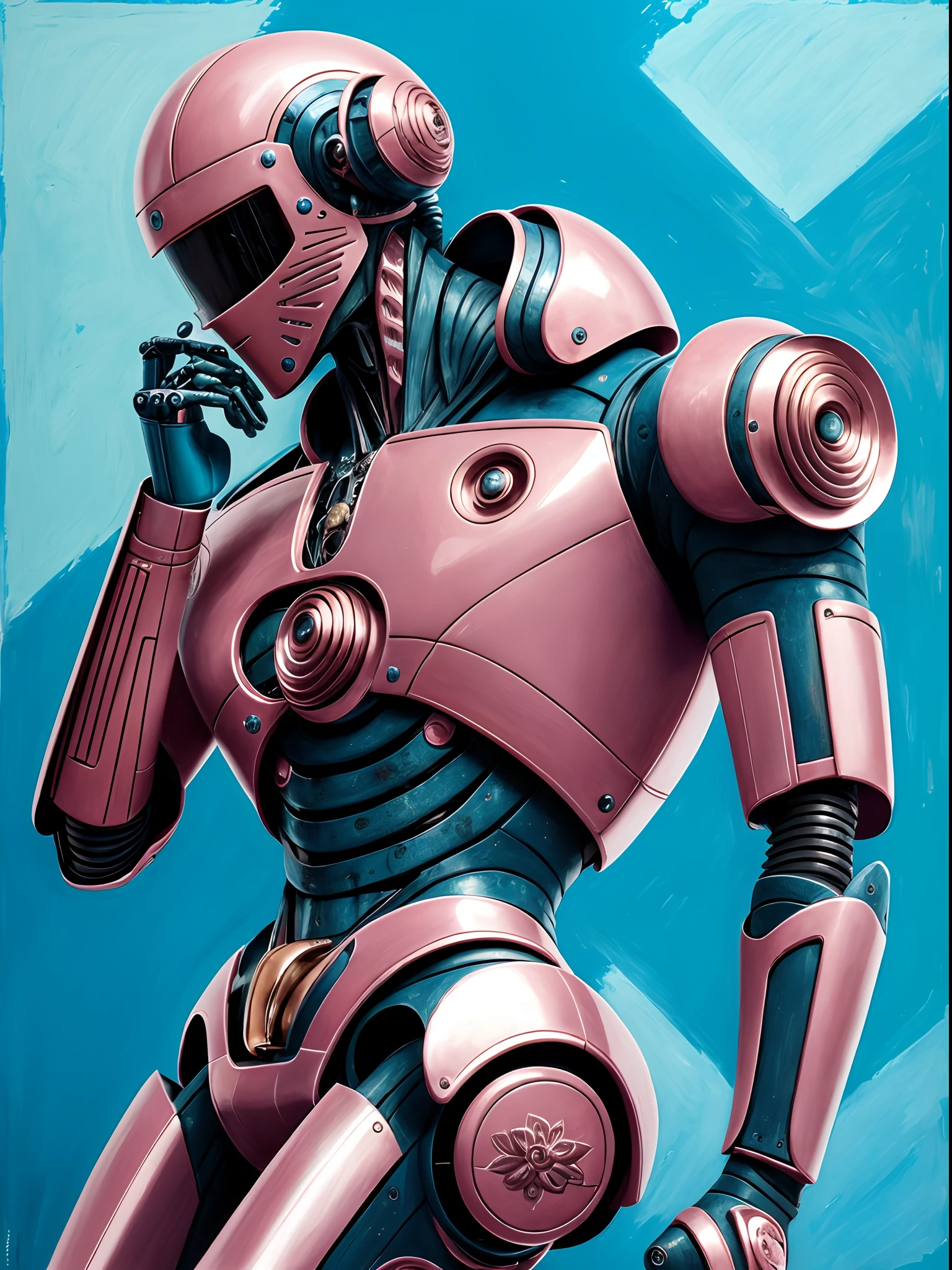 Retro futuristic robot holding a rose in his hand, Romantic, a lot of details, Proper anatomy of the body, The street of the summer city, (Extreme detailing), ((Стиль Daniela-Uhlig:0.5/Charlie-Bauer:0.5)), ((Impasto painting)) , ((Best Quality, Masterpiece)), ((Perfect anatomy of the body)), (Pink:0,2/blau:0,2/bronze0,2), Patina, grotesque, intricate detials, Raw, HDR