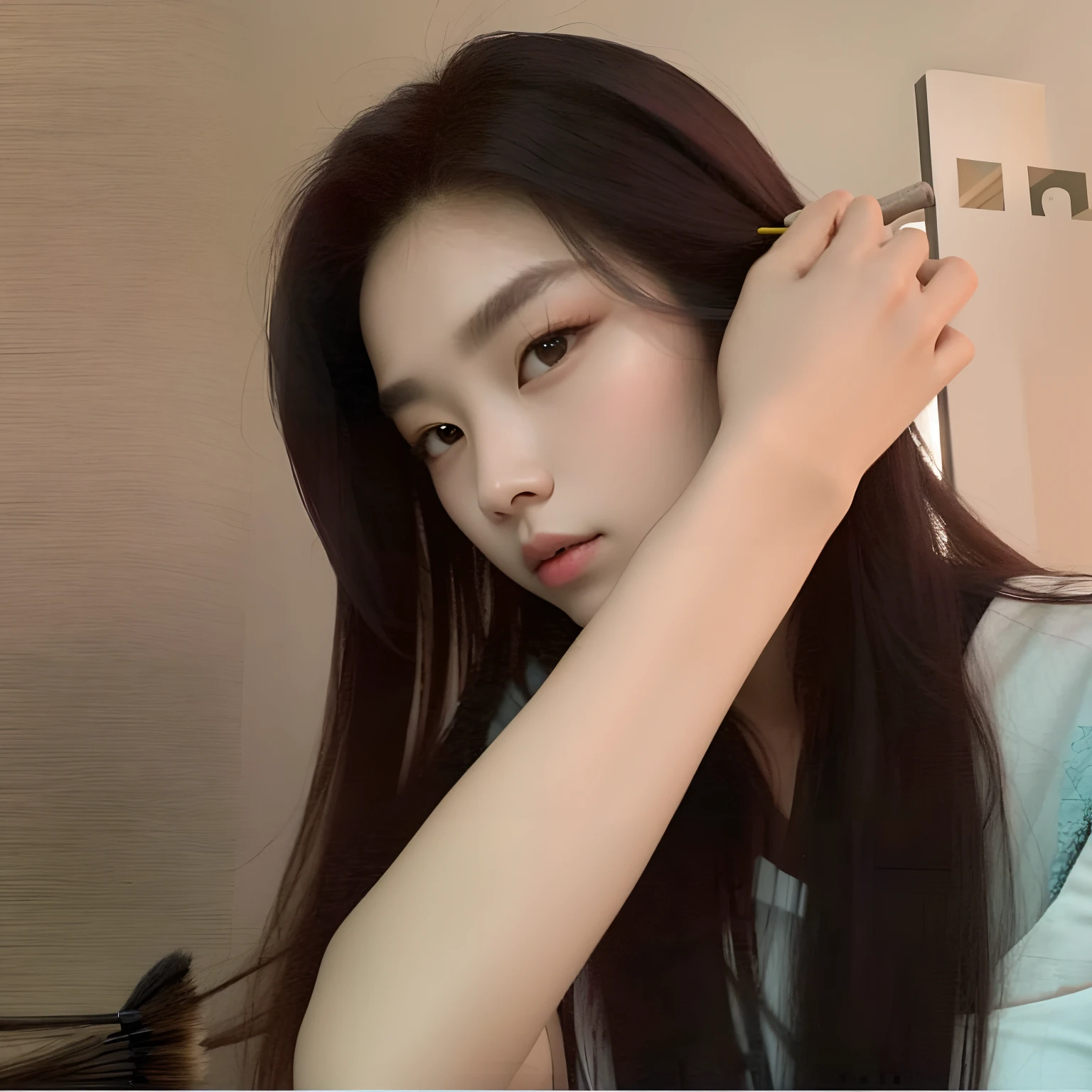 there is a woman that is brushing her hair with a brush, ulzzangs, Gorgeous young Korean woman, Korean girl, beautiful Korean women, Beautiful young Korean woman, 19-year-old girl, Korean woman, she is about 1 6 years old, 2 4 year old female model, young lovely Korean faces