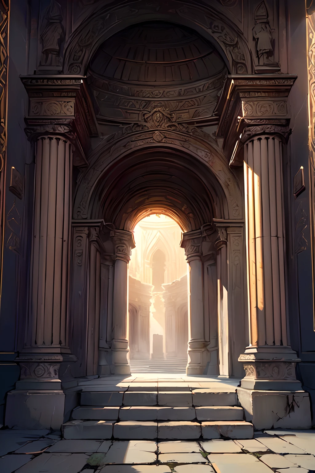 Describe an ancient, imposing entrance of a sanctum that blends grandeur with decay, red glow, beautiful composition. (Sparks: 0.35)