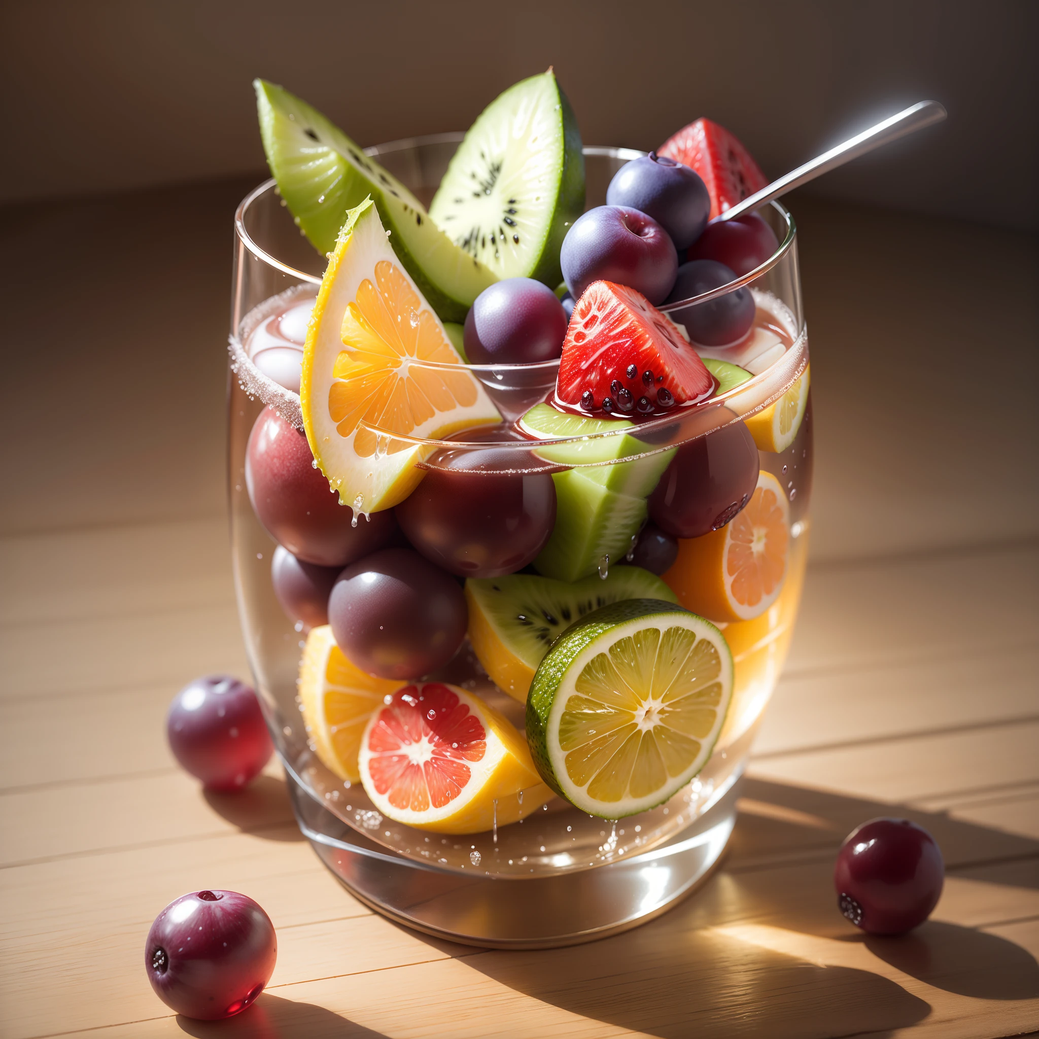 tmasterpiece，Fruit and ice cubes in clear glass，morango，grapes，kiwi fruit，Berry，pineapples，（ice cubes），（Hyper-realistic:1.3）