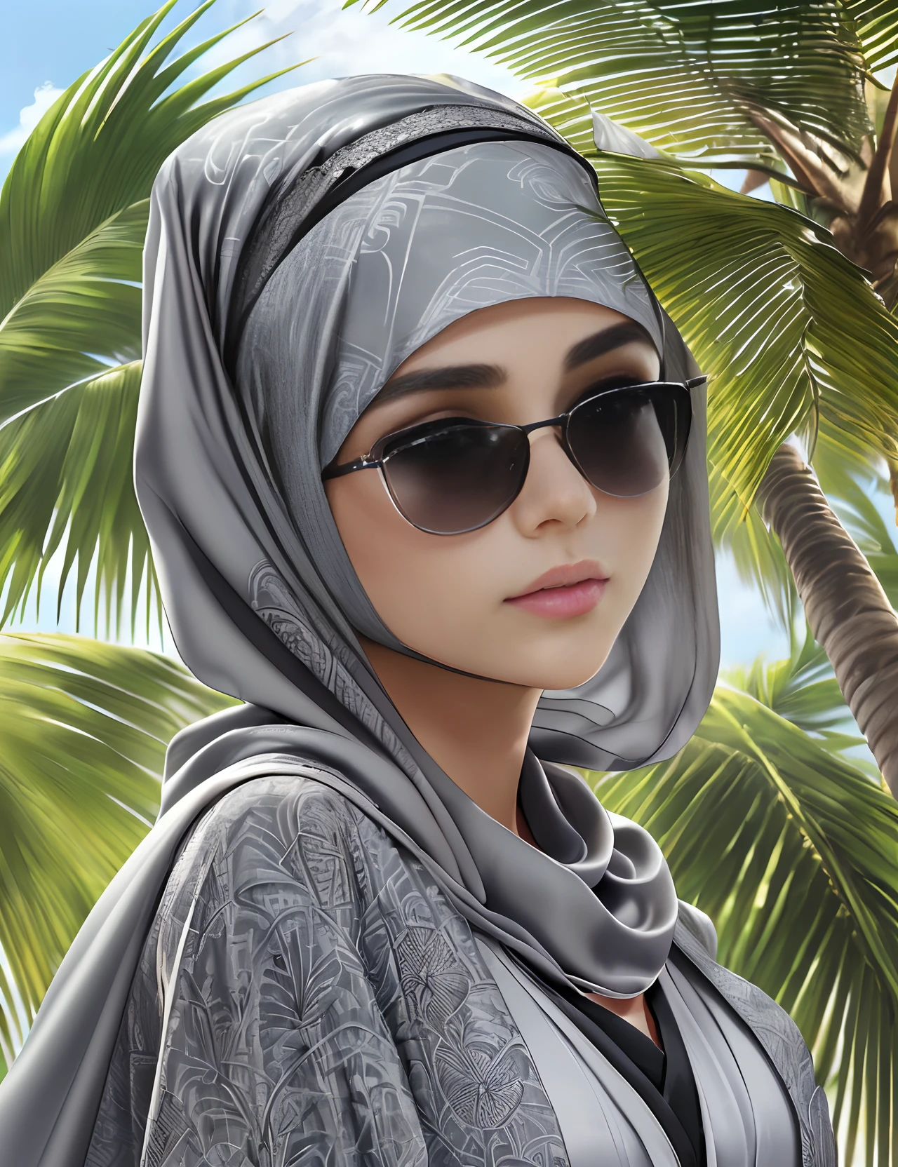 3DMM, ((Masterpiece, best quality, photography, detailed skin, realistic, photo-realistic, 8k, highly detailed, full length frame, High detail RAW colour art, diffused soft lighting, shallow depth of field, sharp focus, hyperrealism, cinematic lighting, a Turkish woman, beautifully makeup, beautiful big eyes, long eye lashes, hijab, wearing (Gray satin headscarf), (Gray satin shirt), wide batik sarong, long cardigan, Straw hat, Black Sunglasses, walking on the sand under coconut tree, picnic, beachside, beautiful sky --auto --s2