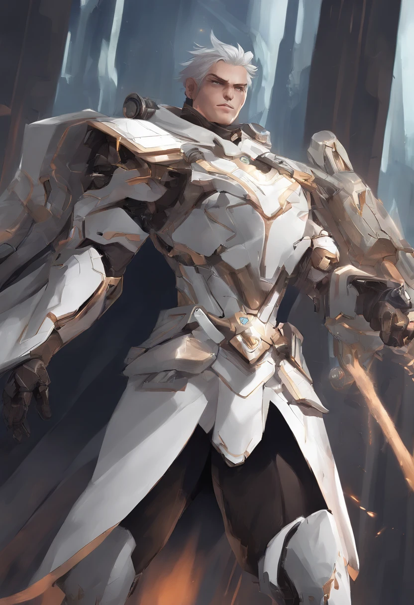Anime boy mechanical healer, heroine, cleric, acolyte, gear, sci-fi, holy, white costume, weapon magic hammer, ultra high resolution 8k, ultra high definition 8k, stabilizer diffusion, 2.5 D, character design, male, gadget, spear, rod, modern cloak, serious face,