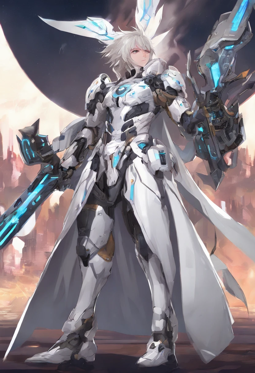 Anime boy mechanical healer, heroine, cleric, acolyte, gear, sci-fi, holy, white costume, weapon magic hammer, ultra high resolution 8k, ultra high definition 8k, stabilizer diffusion, 2.5 D, character design, male, gadget, spear, rod, modern cloak, serious face,