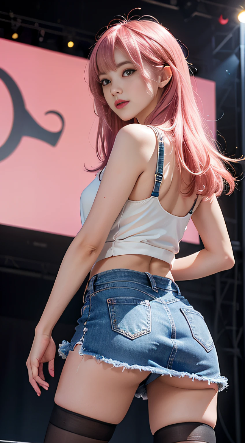 （Woman on the stage of a concert hall）1girl in, Pink hair, Blunt bangs, Bangs, Long hair, Wet hair, makeup, lightsmile, Parted lips, Bright pupils, One-person viewpoint, Wide Shot, ???????????, Sideways, F/1.8, 135 mm, canon, nffsw, retinas, masutepiece, ccurate, Anatomically correct, Textured skin, Super Detail, high details, High quality, Best Quality, hight resolution, 1080p, hard disk, 4K, 8K、（sexypose）Tank Tops、Denim Mini Skirt Up Skirt Skirt、（Pink Panties）、Torn fishnet stockings、high-heels、Distant spectators