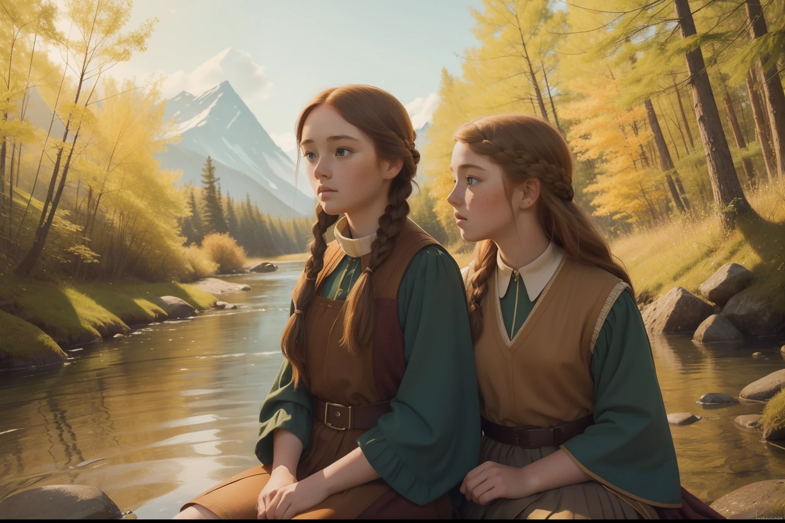 Year: 1974
Location: Kaneq, Alaska
Description:
Embrace the Pre-Raphaelite aesthetic to depict the spirited friendship between a 13-year-old girl with freckles and auburn braid, and a blonde boy with expressive hazel eyes and a sense of adventure, as they share a secret moment by the sunlit river, their bond unbreakable.