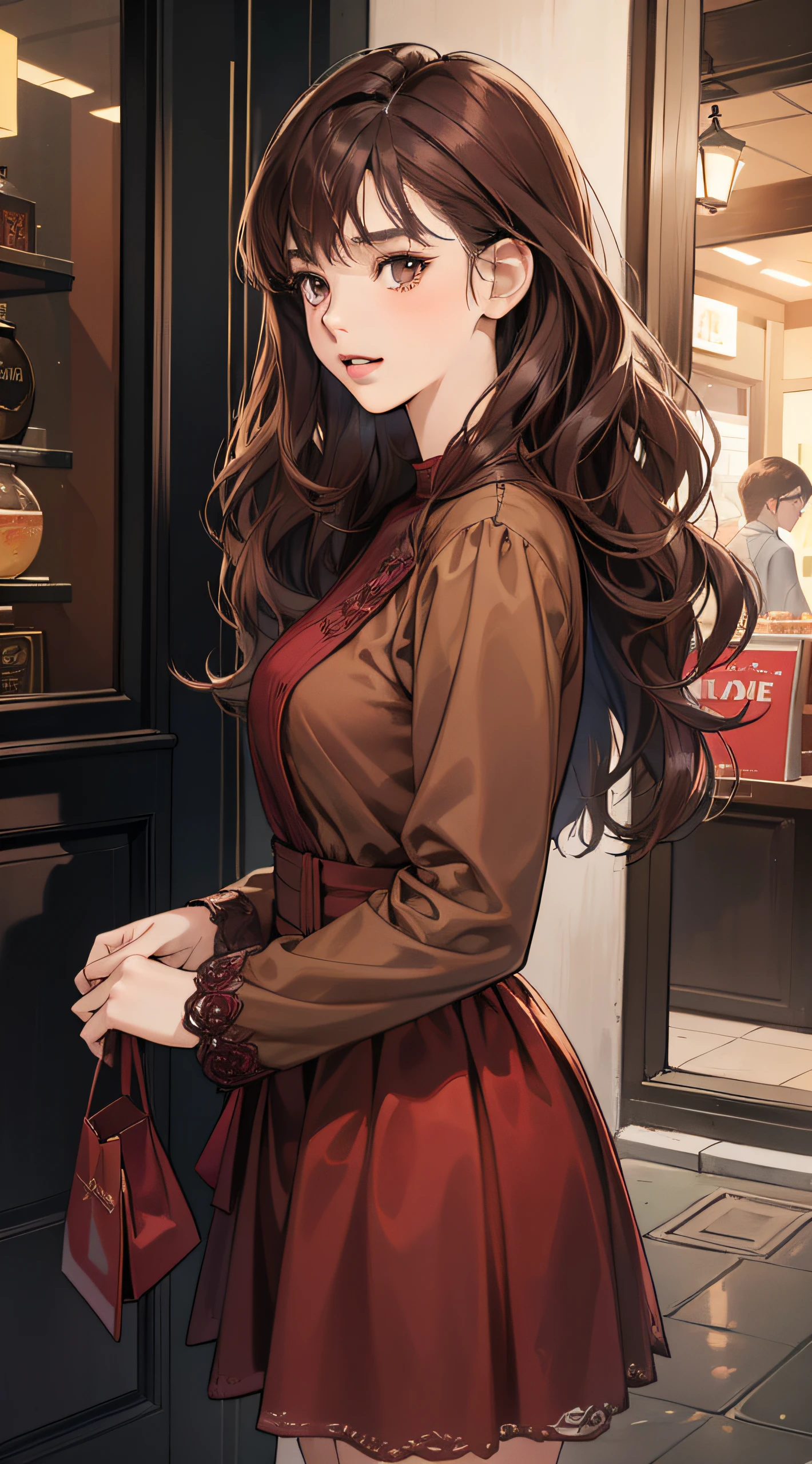 Masterpiece, best quality, realistic, 1woman, quiet, calm and pretty young woman, 16 years old, ((close mouth)), extremely detailed, a little distance, half body, maroon casual dress, in front of store, nightview ((dark brown eyes)), ((wavy with bang brunette hair)), 4K