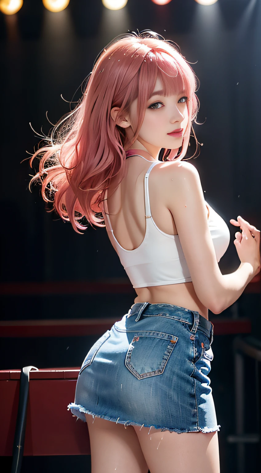 (Woman on the stage of a concert hall)1girl in, Pink hair, Blunt bangs, Bangs, Long hair, Wet hair, makeup, lightsmile, Parted lips, Bright pupils, One-person viewpoint, Wide Shot, from behind, Sideways, F/1.8, 135 mm, canon, nffsw, retinas, masutepiece, ccurate, Anatomically correct, Textured skin, Super Detail, high details, High quality, Best Quality, hight resolution, 1080p, hard disk, 4K, 8K、(sexypose)(Wet white tank top)、(Denim Mini Skirt、up skirt)、(Pink Panties)、Torn fishnet stockings、high-heels、Distant spectators、((she is soaking wet)).
