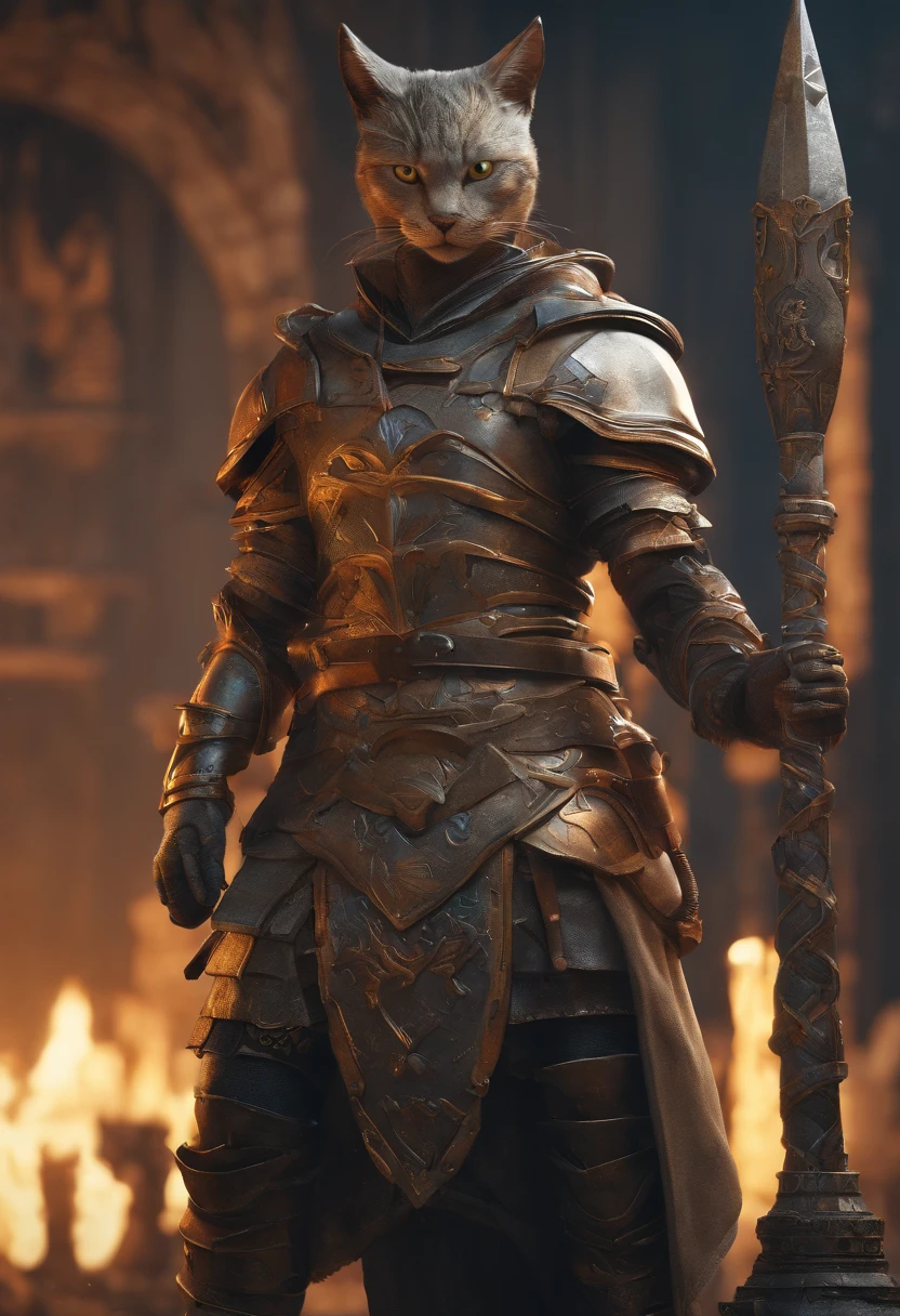 Image of a warrior wearing an iron tower, Holding a cat, facial closeups, in the style of cinematic sets, magewave, Royal Core, Village Core, Xu Bing, Dark gray and light gold, 32k ULTRAHD